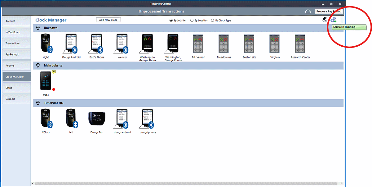 The icon of two gears at the top right of the screen represents the service. If there's a green dot with the icon, the service is running; if there's a red dot, it's not.