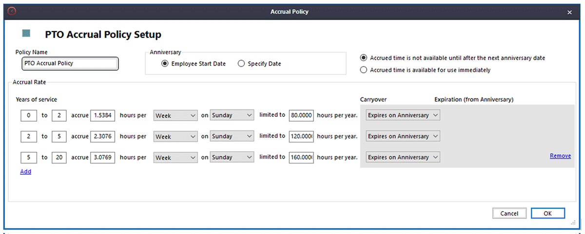 A sample Paid Time Off accrual setup.